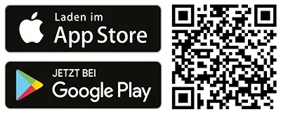 Im App Store und bei Google Play herunterladen, QR-Code zum Download der PraxisApp